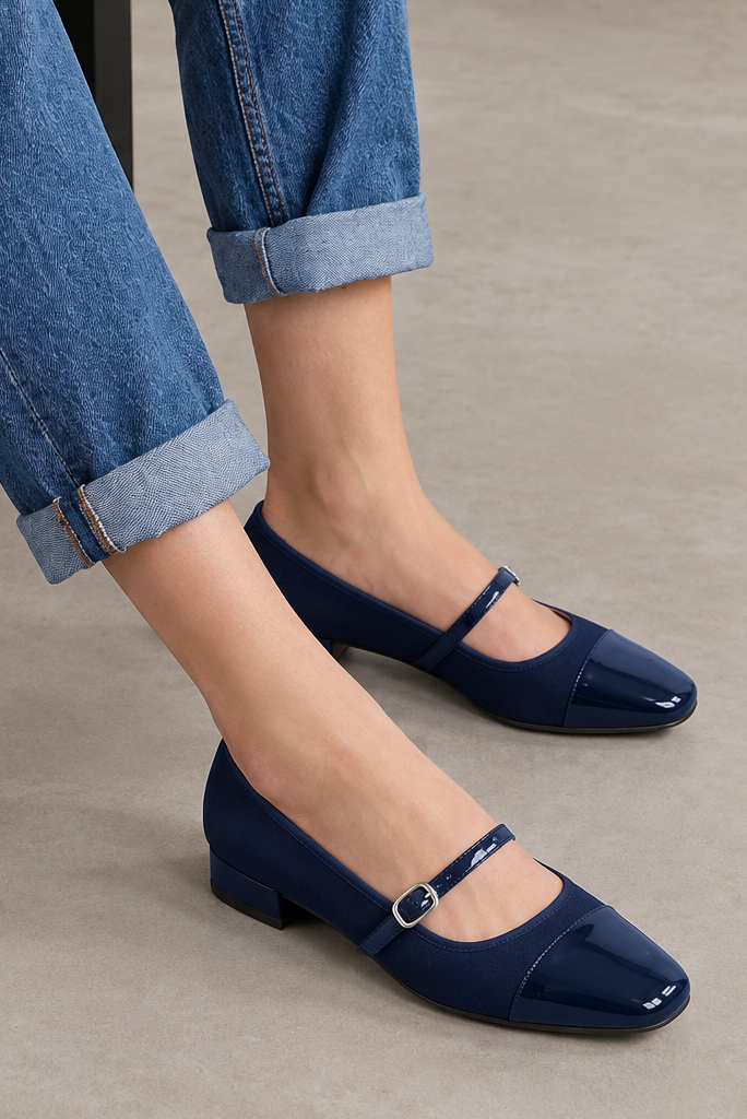 Women's navy blue low-heel ballet flats with square toe and low block heel - Worn view